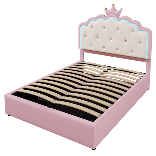 Cama contentora estofada 140x200 cm em imitação de pele - com LED e estrado de ripas - Rosa