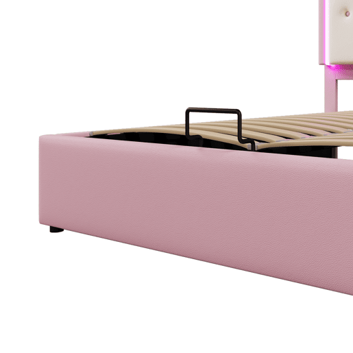 Cama contentora estofada 140x200 cm em imitação de pele - com LED e estrado de ripas - Rosa
