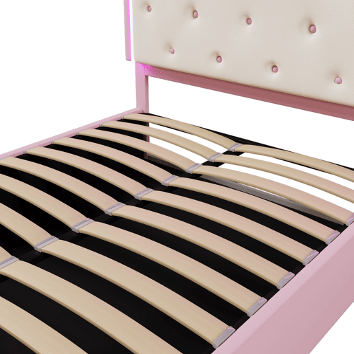 Cama contentora estofada 140x200 cm em imitação de pele - com LED e estrado de ripas - Rosa