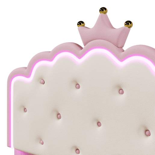 Cama contentora estofada 140x200 cm em imitação de pele - com LED e estrado de ripas - Rosa