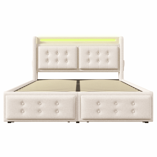 Cama de adulto 140x200 cm em tecido de linho - com LED e portas de carregamento - 4 gavetas - Bege Cama de adulto 140x200 cm em tecido de linho - com LED e portas de carregamento - 4 gavetas - Bege