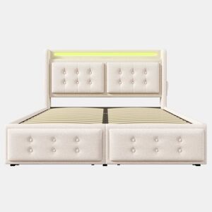 Cama de adulto 140x200 cm em tecido de linho - com LED e portas de carregamento - 4 gavetas - Bege