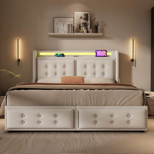 Cama de adulto 140x200 cm em tecido de linho - com LED e portas de carregamento - 4 gavetas - Bege Cama de adulto 140x200 cm em tecido de linho - com LED e portas de carregamento - 4 gavetas - Bege