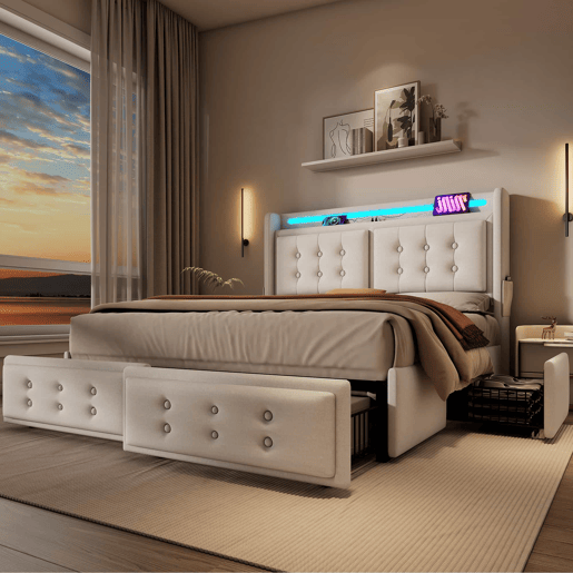 Cama de adulto 140x200 cm em tecido de linho - com LED e portas de carregamento - 4 gavetas - Bege Cama de adulto 140x200 cm em tecido de linho - com LED e portas de carregamento - 4 gavetas - Bege