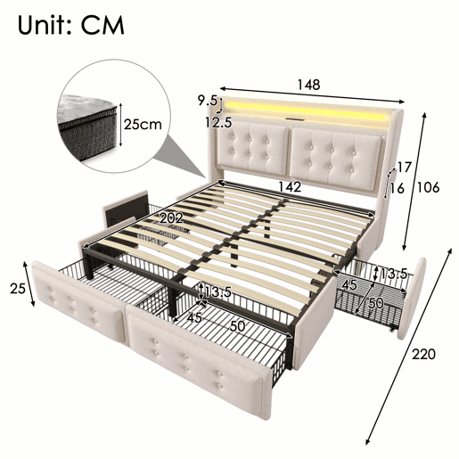 Cama de adulto 140x200 cm em tecido de linho - com LED e portas de carregamento - 4 gavetas - Bege Cama de adulto 140x200 cm em tecido de linho - com LED e portas de carregamento - 4 gavetas - Bege