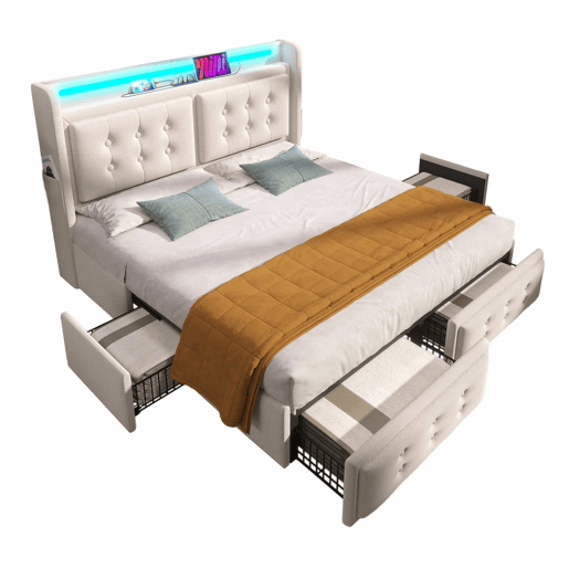 Cama de adulto 140x200 cm em tecido de linho - com LED e portas de carregamento - 4 gavetas - Bege Cama de adulto 140x200 cm em tecido de linho - com LED e portas de carregamento - 4 gavetas - Bege