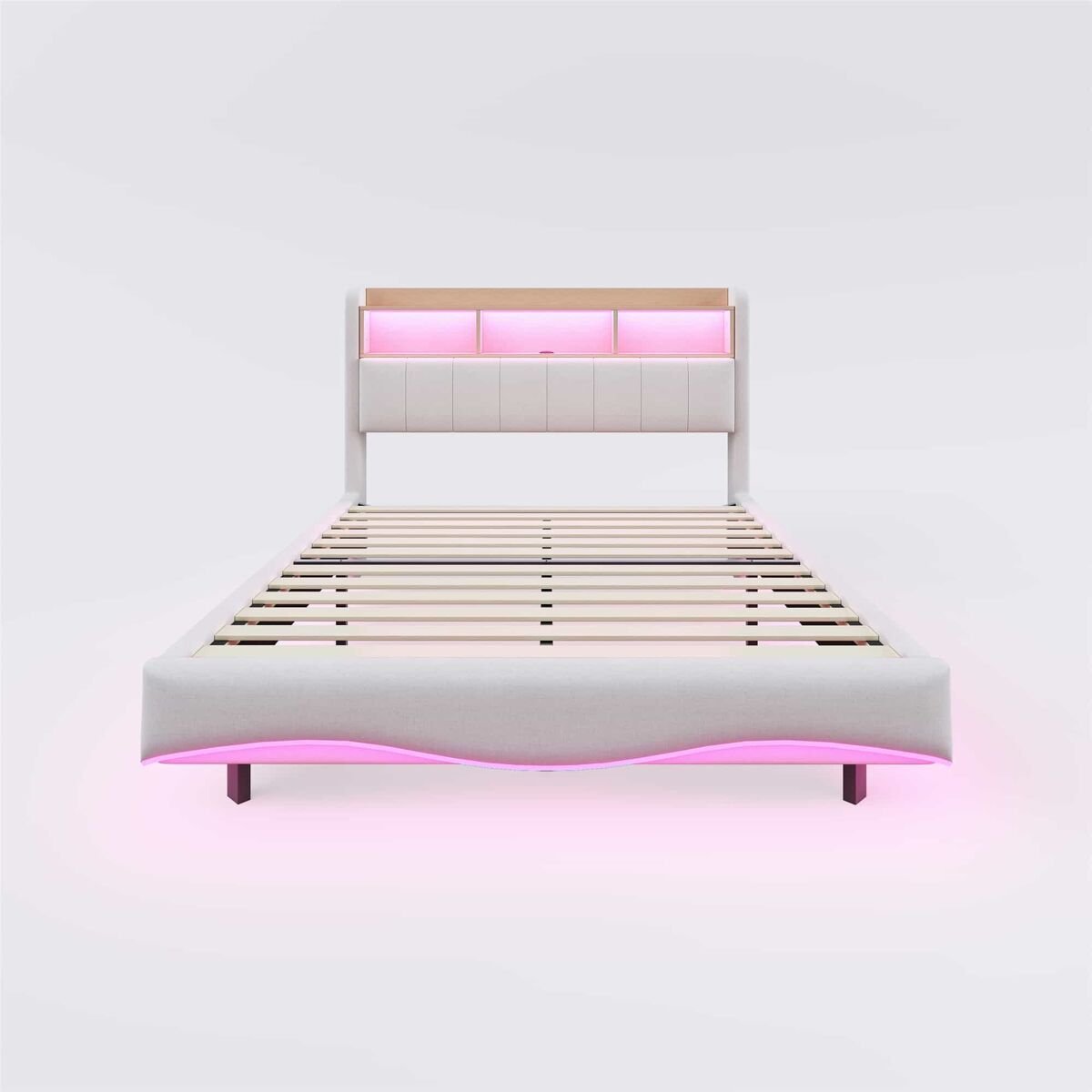 Cama de adulto 140x200 cm en tejido de lino - cabecero con almacenaje con led y enchufes - beige