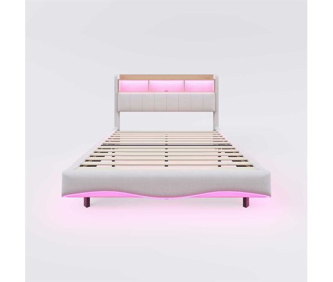 Cama de adulto 140x200 cm en tejido de lino - cabecero con almacenaje con led y enchufes - beige