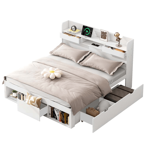 Cama de casal 160x200cm - Com porta USB, gavetas e armário, cama multifuncional, branca