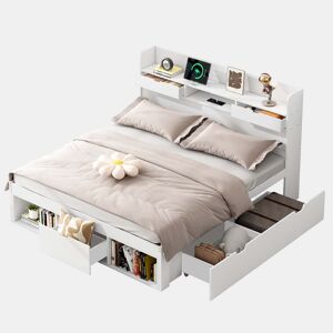 Cama de casal 160x200cm - Com porta USB, gavetas e armário, cama multifuncional, branca