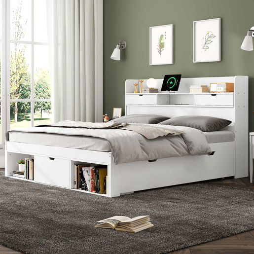 Cama de casal 160x200cm - Com porta USB, gavetas e armário, cama multifuncional, branca