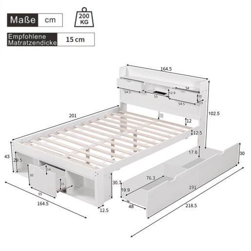 Cama de casal 160x200cm - Com porta USB, gavetas e armário, cama multifuncional, branca