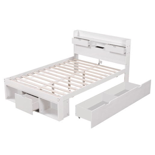 Cama de casal 160x200cm - Com porta USB, gavetas e armário, cama multifuncional, branca