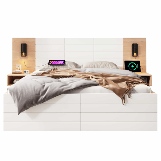 Cama de casal em madeira 180x200 cm - com 2 mesas de cabeceira e 2 gavetas - 2 luzes de leitura giratórias com tomada USB - Branco e Natural (colchão não incluído) Cama de casal em madeira 180x200 cm - com 2 mesas de cabeceira e 2 gavetas - 2 luzes de leitura giratórias com tomada USB - Branco e Natural (colchão não incluído)