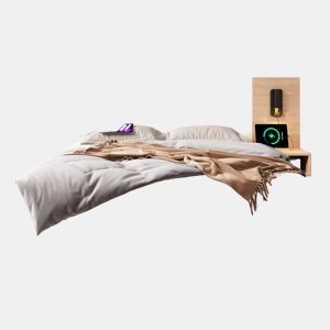 Cama de casal em madeira 180x200 cm - com 2 mesas de cabeceira e 2 gavetas - 2 luzes de leitura giratórias com tomada USB - Branco e Natural (colchão não incluído)