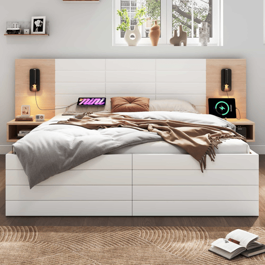 Cama de casal em madeira 180x200 cm - com 2 mesas de cabeceira e 2 gavetas - 2 luzes de leitura giratórias com tomada USB - Branco e Natural (colchão não incluído) Cama de casal em madeira 180x200 cm - com 2 mesas de cabeceira e 2 gavetas - 2 luzes de leitura giratórias com tomada USB - Branco e Natural (colchão não incluído)