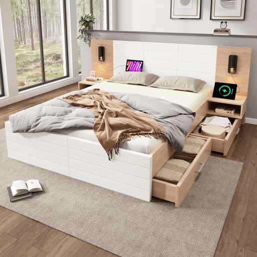 Cama de casal em madeira 180x200 cm - com 2 mesas de cabeceira e 2 gavetas - 2 luzes de leitura giratórias com tomada USB - Branco e Natural (colchão não incluído) Cama de casal em madeira 180x200 cm - com 2 mesas de cabeceira e 2 gavetas - 2 luzes de leitura giratórias com tomada USB - Branco e Natural (colchão não incluído)