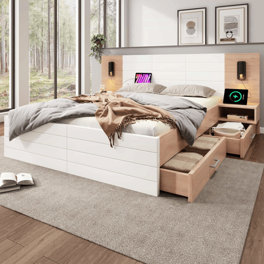 Cama de casal em madeira 180x200 cm - com 2 mesas de cabeceira e 2 gavetas - 2 luzes de leitura giratórias com tomada USB - Branco e Natural (colchão não incluído) Cama de casal em madeira 180x200 cm - com 2 mesas de cabeceira e 2 gavetas - 2 luzes de leitura giratórias com tomada USB - Branco e Natural (colchão não incluído)