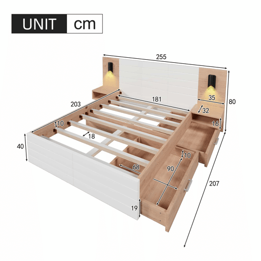 Cama de casal em madeira 180x200 cm - com 2 mesas de cabeceira e 2 gavetas - 2 luzes de leitura giratórias com tomada USB - Branco e Natural (colchão não incluído) Cama de casal em madeira 180x200 cm - com 2 mesas de cabeceira e 2 gavetas - 2 luzes de leitura giratórias com tomada USB - Branco e Natural (colchão não incluído)