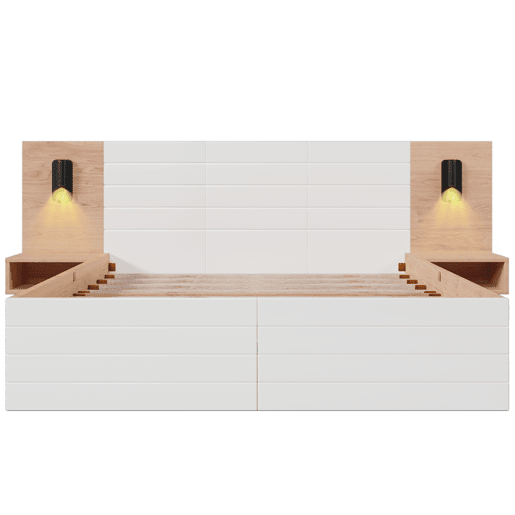 Cama de casal em madeira 180x200 cm - com 2 mesas de cabeceira e 2 gavetas - 2 luzes de leitura giratórias com tomada USB - Branco e Natural (colchão não incluído) Cama de casal em madeira 180x200 cm - com 2 mesas de cabeceira e 2 gavetas - 2 luzes de leitura giratórias com tomada USB - Branco e Natural (colchão não incluído)