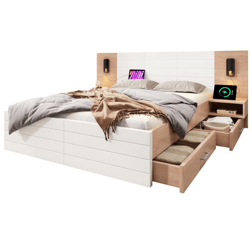 Cama de casal em madeira 180x200 cm - com 2 mesas de cabeceira e 2 gavetas - 2 luzes de leitura giratórias com tomada USB - Branco e Natural (colchão não incluído) Cama de casal em madeira 180x200 cm - com 2 mesas de cabeceira e 2 gavetas - 2 luzes de leitura giratórias com tomada USB - Branco e Natural (colchão não incluído)