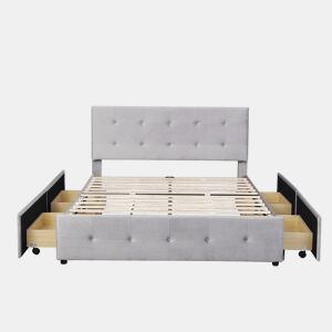 Cama de casal estofada em veludo - 140x200cm - com 4 gavetas e estrado de molas - Cinzento