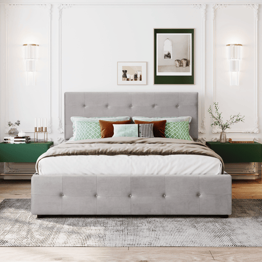 Cama de casal estofada em veludo - 140x200cm - com 4 gavetas e estrado de molas - Cinzento Cama de casal estofada em veludo - 140x200cm - com 4 gavetas e estrado de molas - Cinzento
