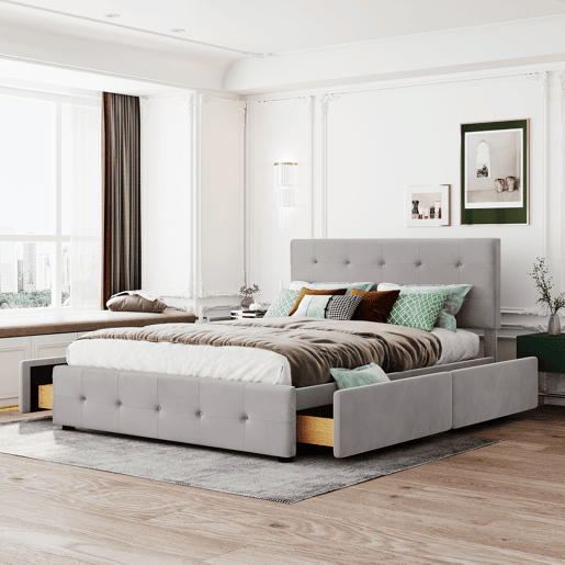 Cama de casal estofada em veludo - 140x200cm - com 4 gavetas e estrado de molas - Cinzento Cama de casal estofada em veludo - 140x200cm - com 4 gavetas e estrado de molas - Cinzento