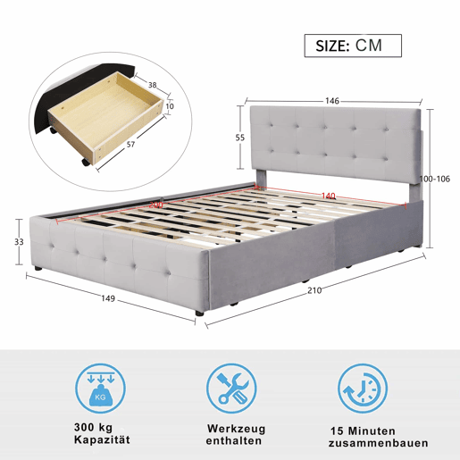 Cama de casal estofada em veludo - 140x200cm - com 4 gavetas e estrado de molas - Cinzento Cama de casal estofada em veludo - 140x200cm - com 4 gavetas e estrado de molas - Cinzento