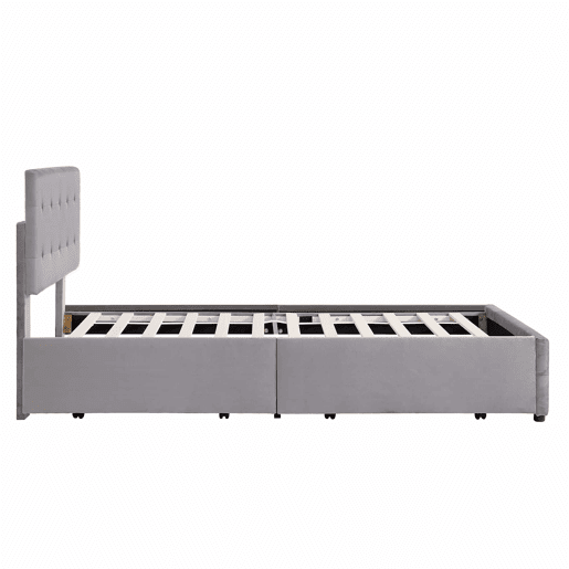 Cama de casal estofada em veludo - 140x200cm - com 4 gavetas e estrado de molas - Cinzento Cama de casal estofada em veludo - 140x200cm - com 4 gavetas e estrado de molas - Cinzento
