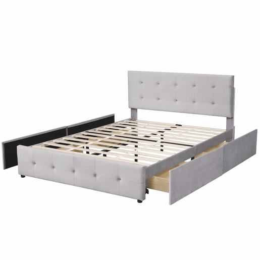 Cama de casal estofada em veludo - 140x200cm - com 4 gavetas e estrado de molas - Cinzento Cama de casal estofada em veludo - 140x200cm - com 4 gavetas e estrado de molas - Cinzento