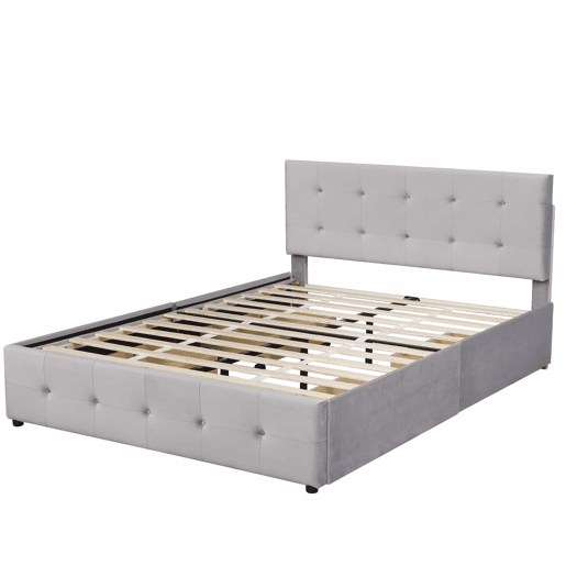 Cama de casal estofada em veludo - 140x200cm - com 4 gavetas e estrado de molas - Cinzento Cama de casal estofada em veludo - 140x200cm - com 4 gavetas e estrado de molas - Cinzento