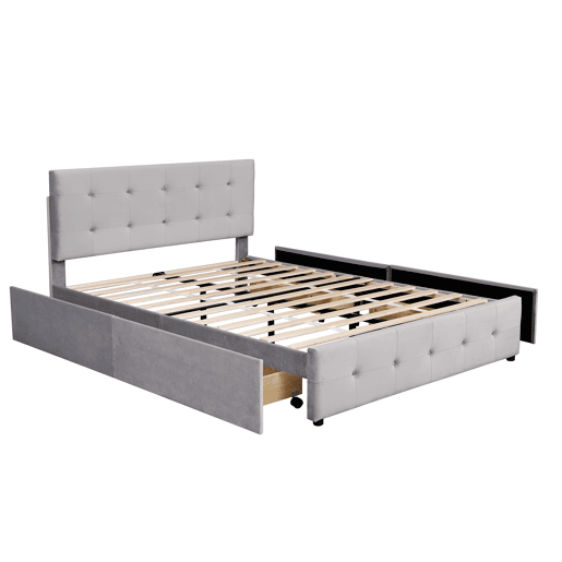 Cama de casal estofada em veludo - 140x200cm - com 4 gavetas e estrado de molas - Cinzento Cama de casal estofada em veludo - 140x200cm - com 4 gavetas e estrado de molas - Cinzento
