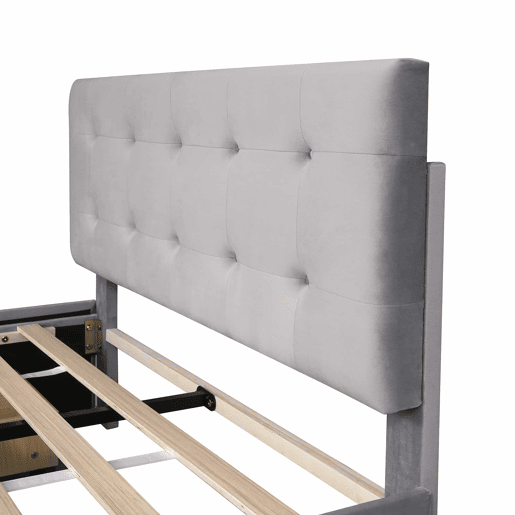 Cama de casal estofada em veludo - 140x200cm - com 4 gavetas e estrado de molas - Cinzento Cama de casal estofada em veludo - 140x200cm - com 4 gavetas e estrado de molas - Cinzento