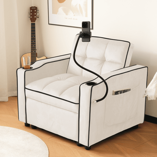 Sofá-cama individual conversível de veludo,bege