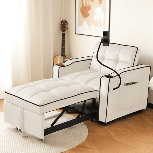 Sofá-cama individual conversível de veludo,bege