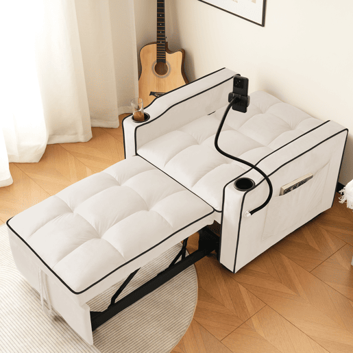 Sofá-cama individual conversível de veludo,bege