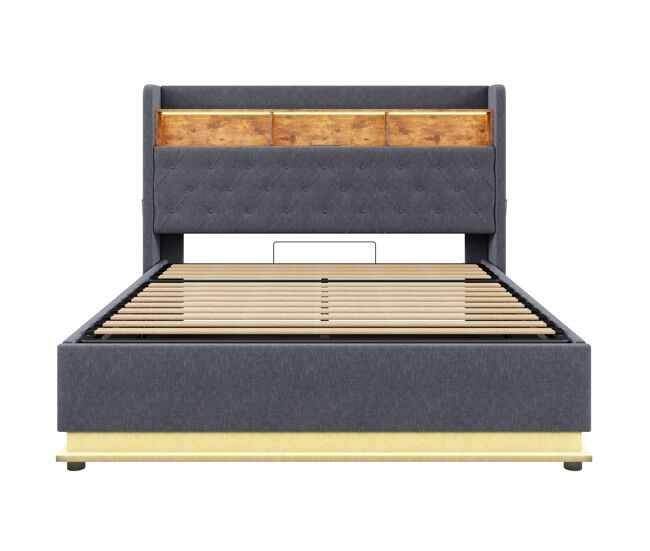 Cama de lino con canapé de 180x200 cm - con led y tomas usb - gris