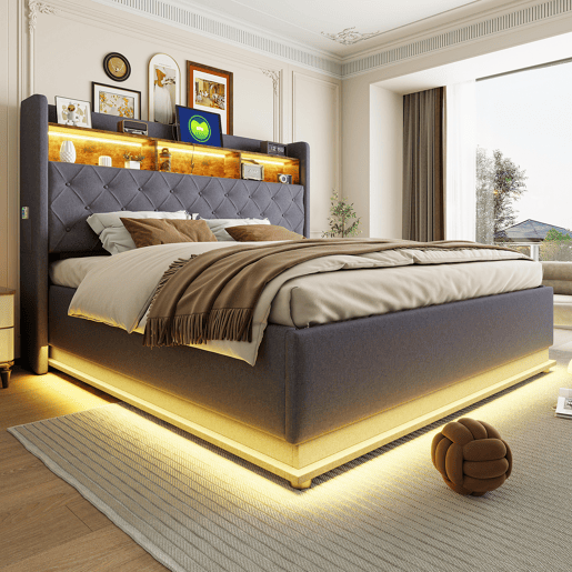 Cama de linho com canapé de 180x200 cm - com LED e tomadas USB - Cinzento