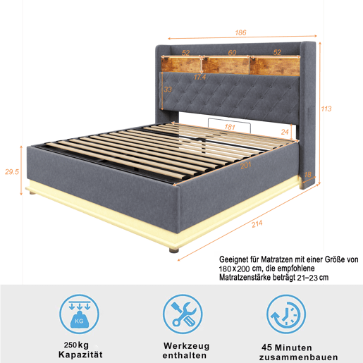 Cama de linho com canapé de 180x200 cm - com LED e tomadas USB - Cinzento