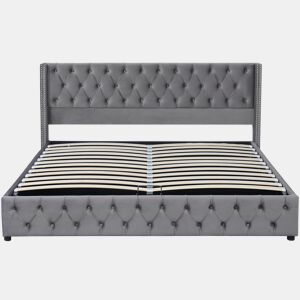 Cama contentora de veludo com estrado de ripas 180x200 cm - Cinzento