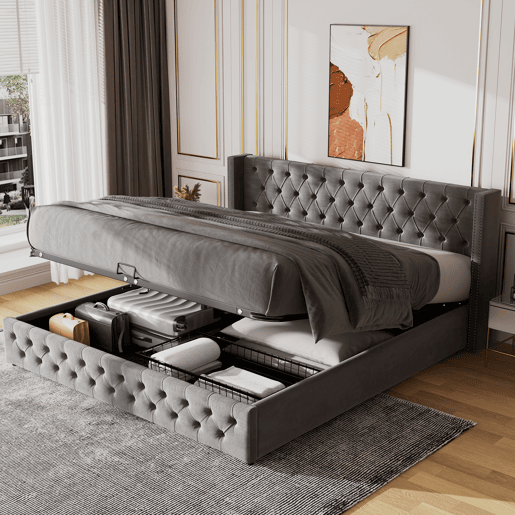 Cama contentora de veludo com estrado de ripas 180x200 cm - Cinzento Cama contentora de veludo com estrado de ripas 180x200 cm - Cinzento