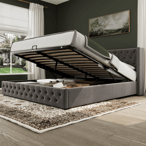 Cama contentora de veludo com estrado de ripas 180x200 cm - Cinzento Cama contentora de veludo com estrado de ripas 180x200 cm - Cinzento