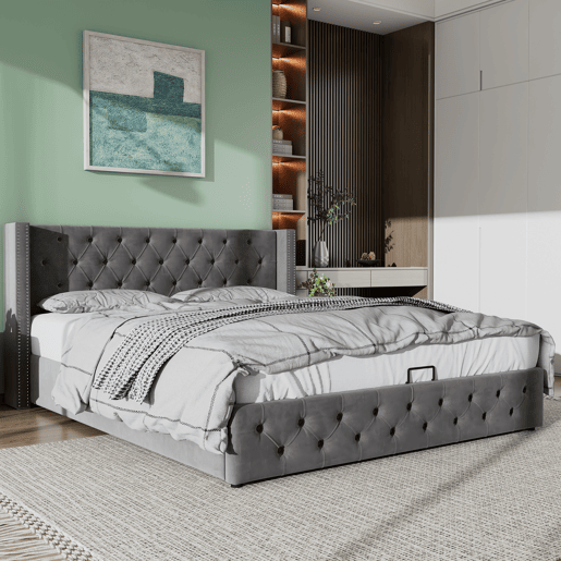 Cama contentora de veludo com estrado de ripas 180x200 cm - Cinzento Cama contentora de veludo com estrado de ripas 180x200 cm - Cinzento