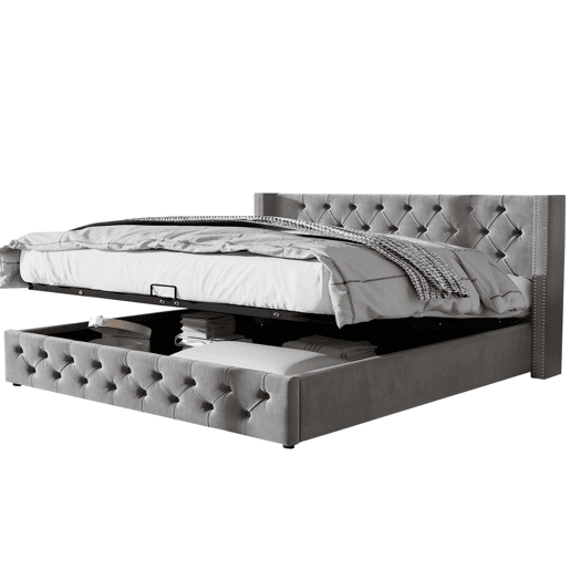 Cama contentora de veludo com estrado de ripas 180x200 cm - Cinzento Cama contentora de veludo com estrado de ripas 180x200 cm - Cinzento