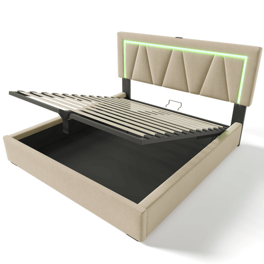 Cama contentora estofada 160x200cm com LED e porta de carregamento USB e Tipo C - Tecido de linho - Estrado de ripas - Bege Cama contentora estofada 160x200cm com LED e porta de carregamento USB e Tipo C - Tecido de linho - Estrado de ripas - Bege