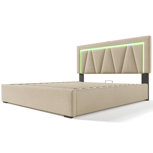 Cama contentora estofada 160x200cm com LED e porta de carregamento USB e Tipo C - Tecido de linho - Estrado de ripas - Bege Cama contentora estofada 160x200cm com LED e porta de carregamento USB e Tipo C - Tecido de linho - Estrado de ripas - Bege