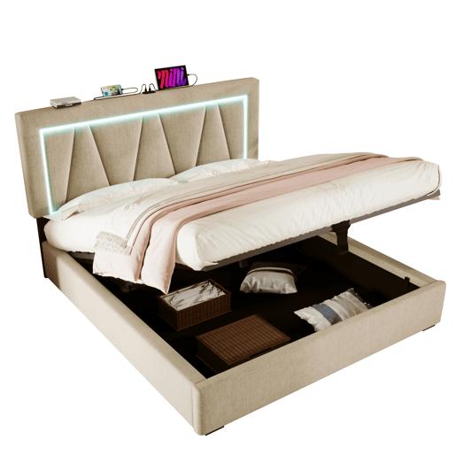 Cama contentora estofada 160x200cm com LED e porta de carregamento USB e Tipo C - Tecido de linho - Estrado de ripas - Bege Cama contentora estofada 160x200cm com LED e porta de carregamento USB e Tipo C - Tecido de linho - Estrado de ripas - Bege