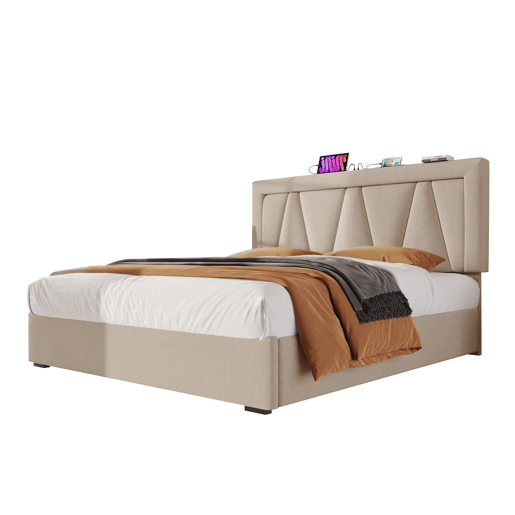 Cama contentora estofada 160x200cm com LED e porta de carregamento USB e Tipo C - Tecido de linho - Estrado de ripas - Bege Cama contentora estofada 160x200cm com LED e porta de carregamento USB e Tipo C - Tecido de linho - Estrado de ripas - Bege