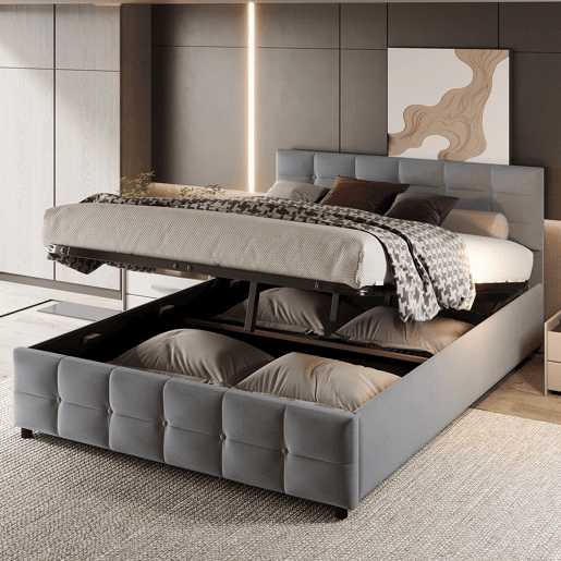 Cama de arrumação em veludo 180x200 cm - com estrado de molas - Cinzento
